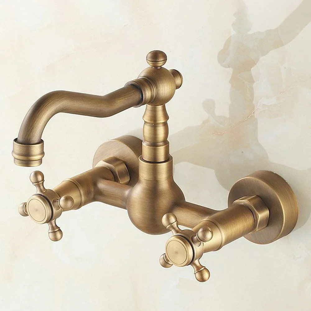 Imagem -06 - Antique Brass Wall Mounted Kitchen Sink Faucet Tap Mixer Bica Giratória Dupla Cruz Alças Atf002