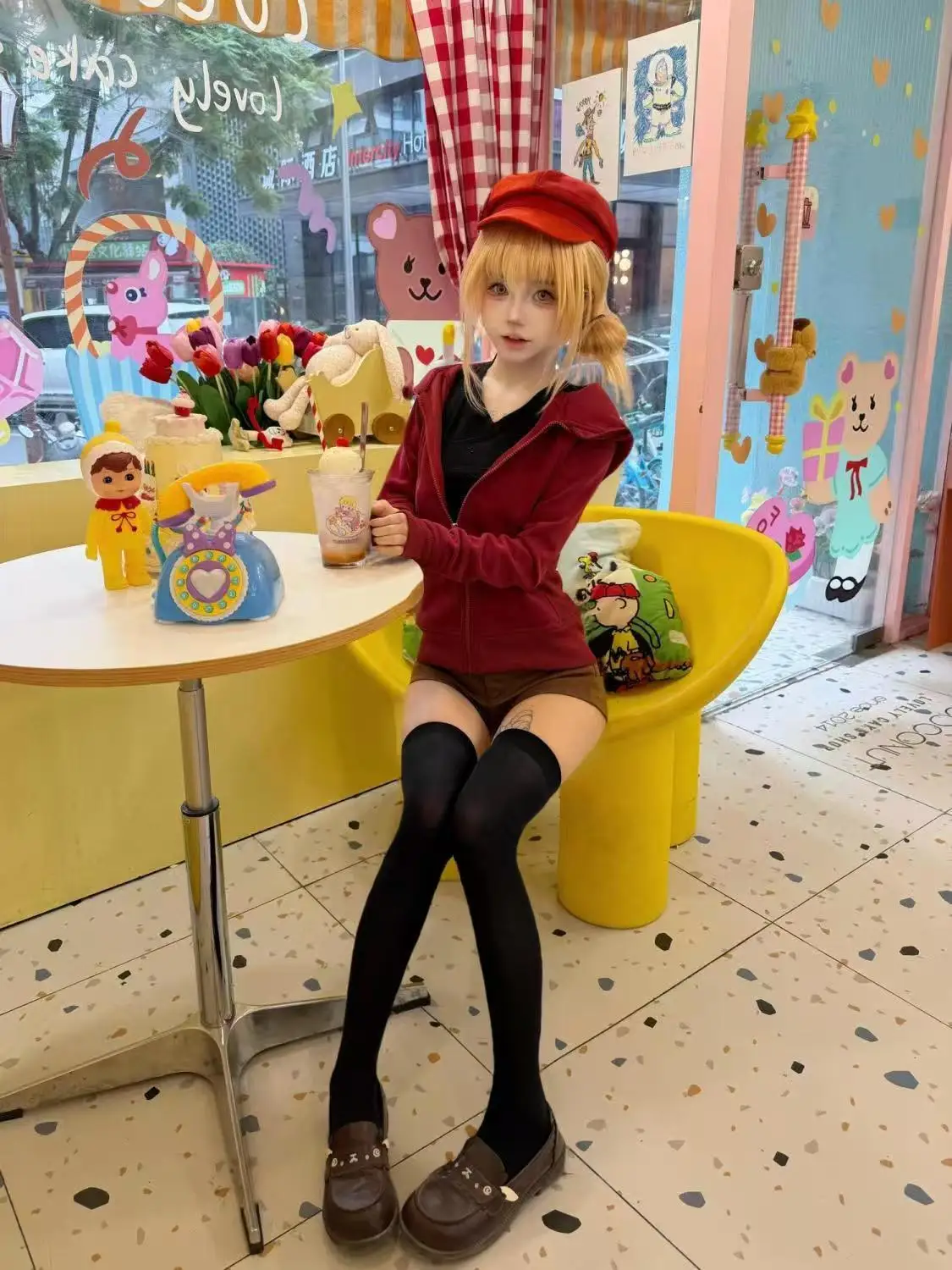 

Himouto Umaru-chan Doma Umaru Cosplay Daily Outfit Red Hooded Zip-up Cardigan Solid Color Sweatshirt Shorts Set