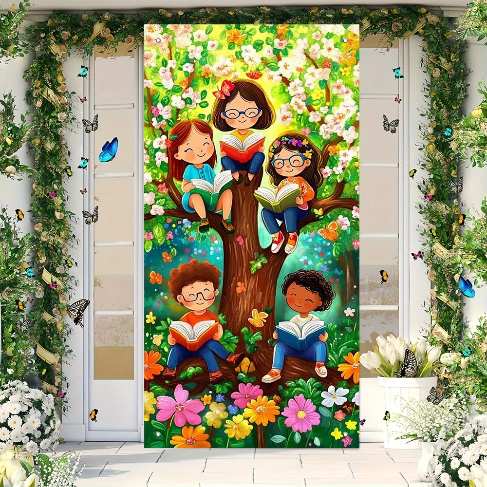 Spring Party Door Banner Polyester Indoor/Outdoor Photo Booth Backdrop with Youngsters Reading Books & Colorful Flowers Curtain