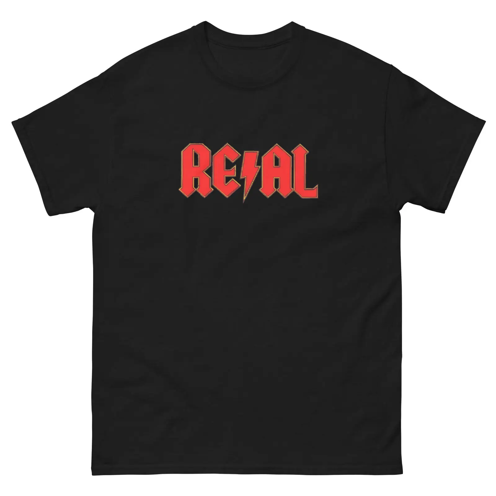 Real Skateboards Red on Black Lightning Bolt Skateboarding T Shirt Design