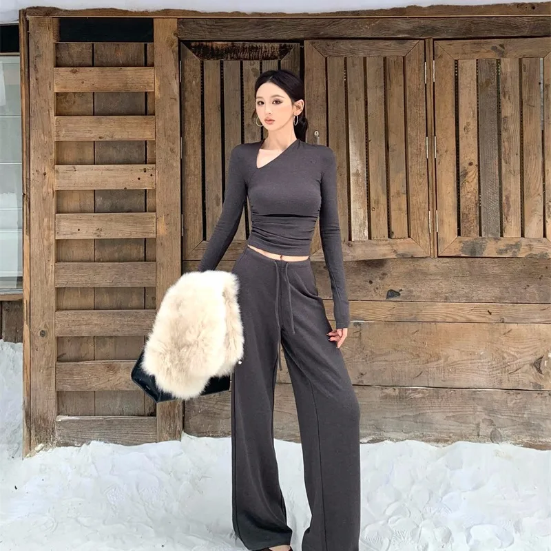 

Асимметричная футболка с запахом, топ, длинные брюки, комплект с юбкой, женский модный дизайн, зимний повседневный комплект для взрослых, размер 8-25