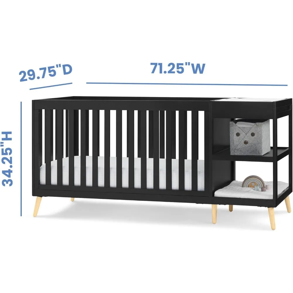 سرير Delta Children Essex 4 في 1 قابل للتحويل مع مبدل، لمسة نهائية من خشب الأبنوس الأسود ومقابض طبيعية