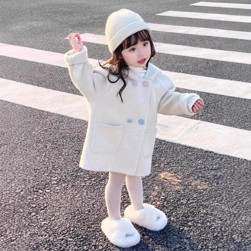 

Korean Children's Clothing2024Autumn and Winter New Girls' Two-Color Rabbit Woolen Coat Baby Girl Thick Woolen Coat