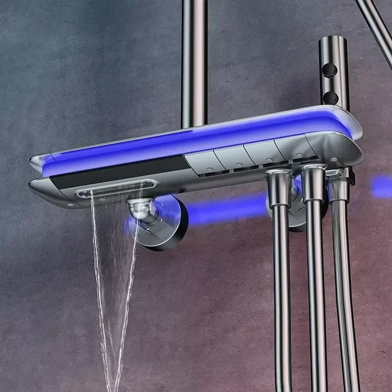 Modern LED Digital Shower Set Brass Smart Thermostatic Mixer Faucet Hot Cold Rainfall Bathtub Spray Grey Bathroom Fixture Tap