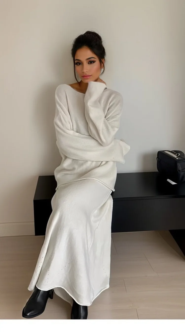 oulder Bared Knitted Sweater And f Skirt Set Women's Faion Ensemble Polyester Fabric Autumn Collection 2023