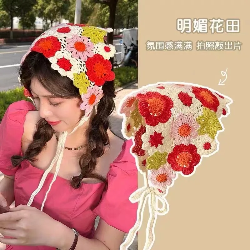 Retro Süße Blume Dreieck Haar Schal Frauen Sommer Gestrickte Stirnband Bandana Kopftuch Haar Zubehör – Detail 18