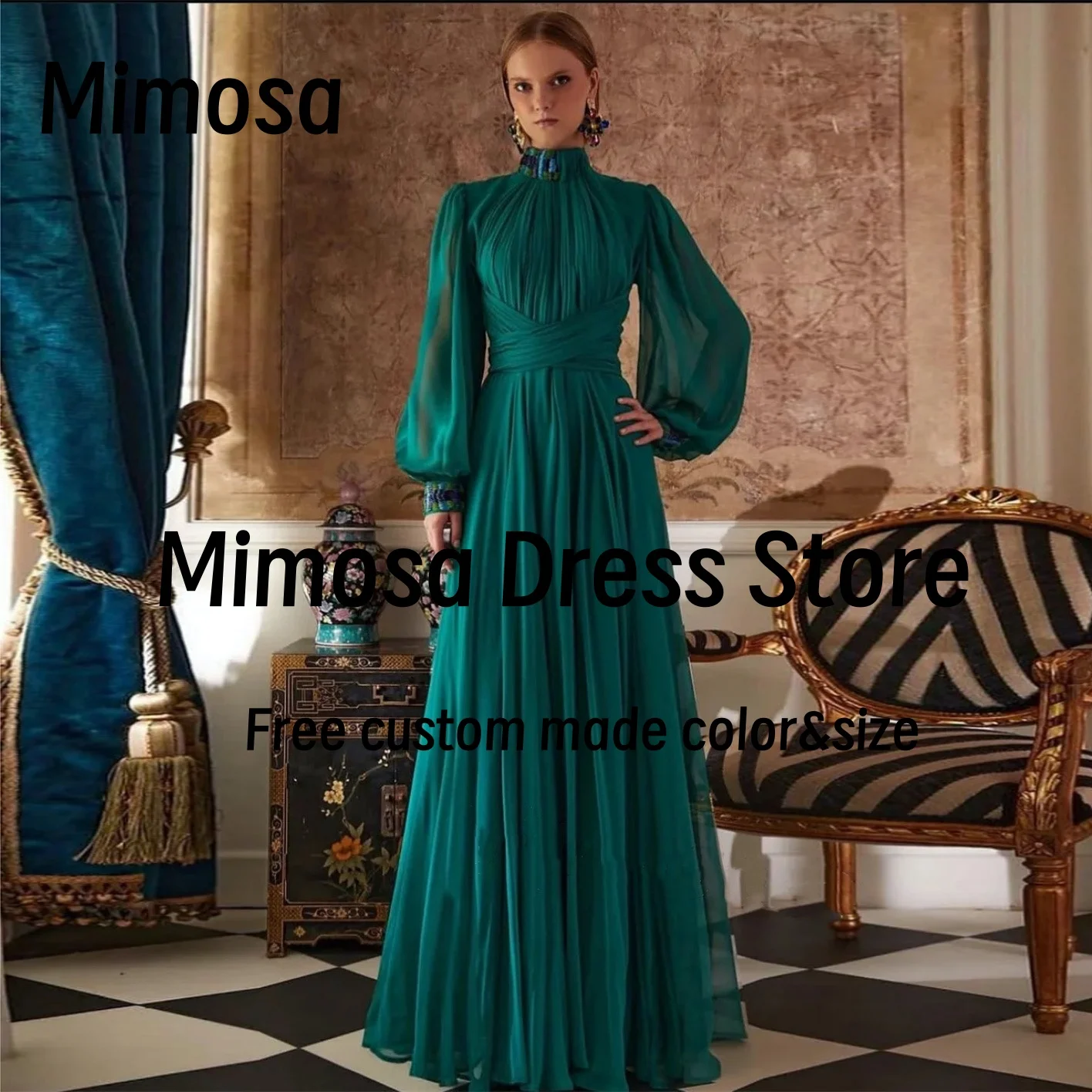 Mimosa High Collar Evening Dresses with Beading Long Sleeves Prom Dress Ruched Chiffon Wedding Party Gowns Customized