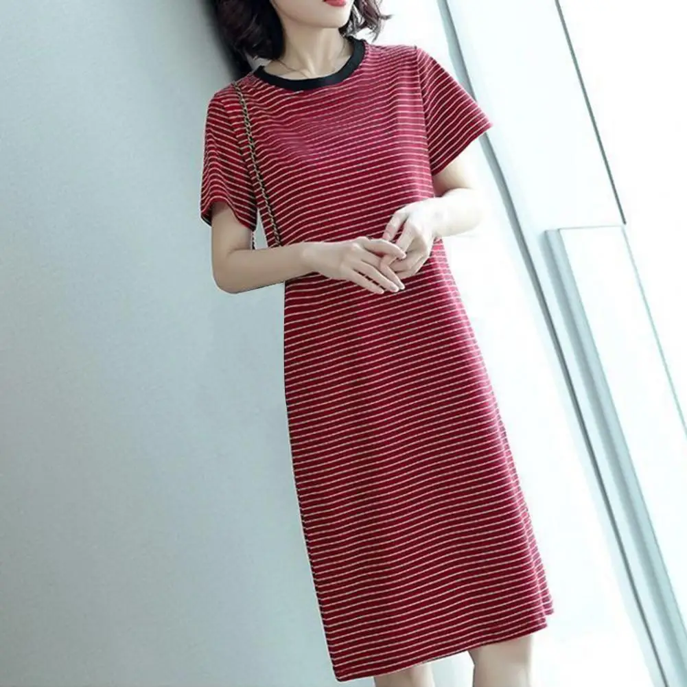 Women Striped Dress Round Neck Striped Dress Striped Summer Dresses for Women Lightweight Office Beach Party Dress Crew Neck