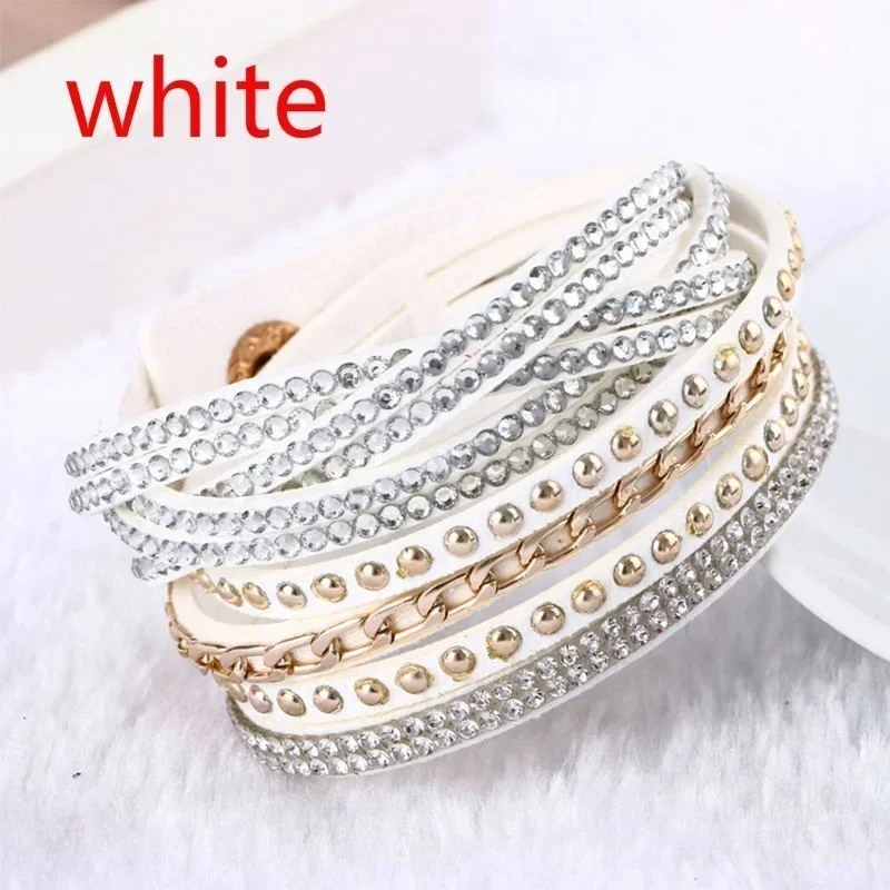 Women Fashion Summer New Leather Bracelet Rhinestone Crystal Bracelet Wrap Multilayer Bracelets for Women Jewelry Accessories