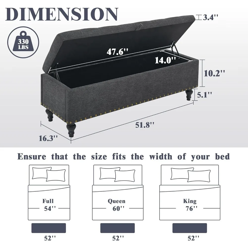 مقعد عثماني كبير للتخزين مع مفصلات أمان، سعة 330 رطلاً #2