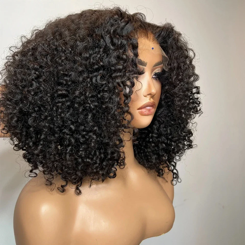 

14-дюймовые натуральные черные предварительно сорванные бесклеевые тупые стрижки, короткие боб, странные вьющиеся, мягкие, глубокие, 13x4, кружевные передние парики для женщин с детскими волосами