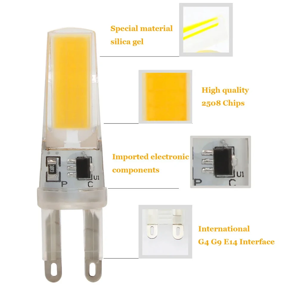 M mini G9 E14 LED 실리콘 램프, COB LED 조명, 밝기 조절, 따뜻한 화이트 쿨 화이트 LED 전구, 가정용 크리스탈 샹들리에, 9W AC 220V