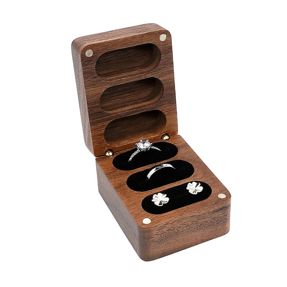 

Wooden Wedding Ring Jewelry Box Necklace Earring Display Stand Three Slot Jewelry Storage Box Valentine's Day Gift Packaging Box