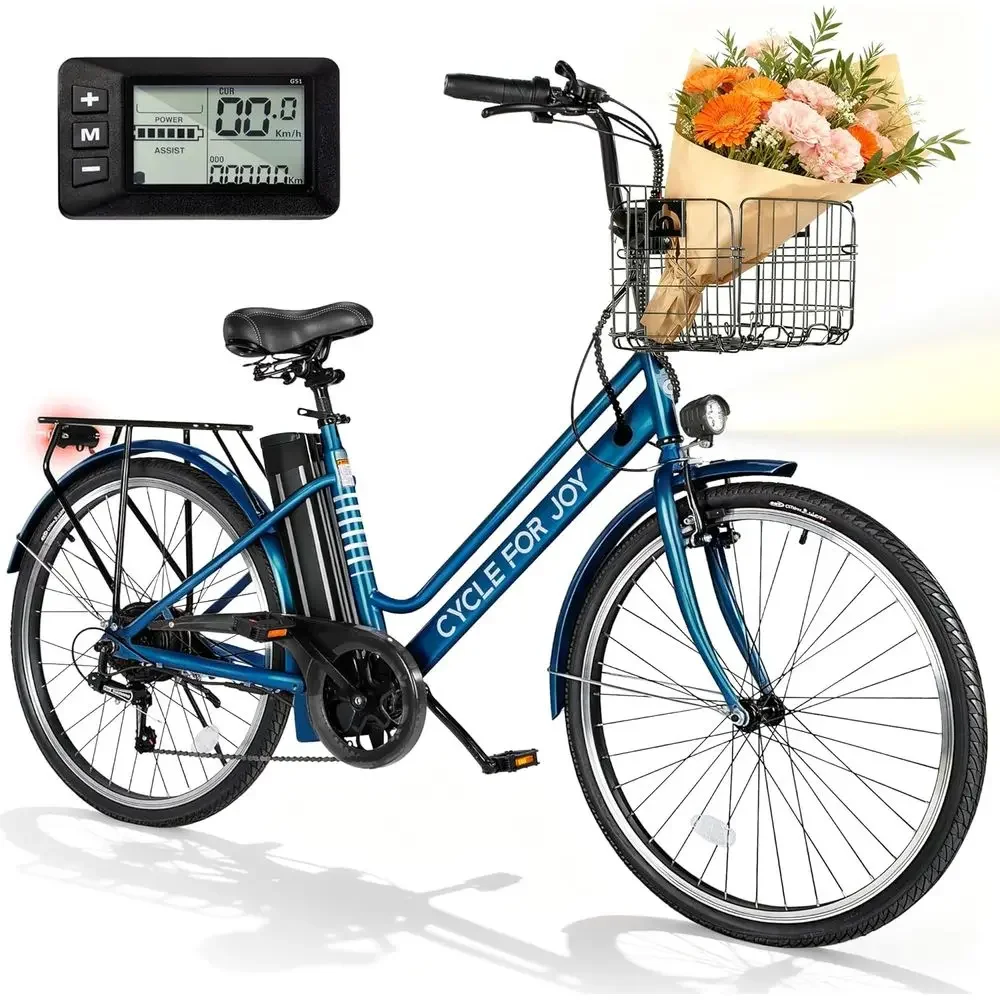

26 1000W Peak City Cruiser E-Bike, 20MPH, 70Miles Range, 48V Removable Battery, Step-Thru Design, Detachable Basket, Rear Rack