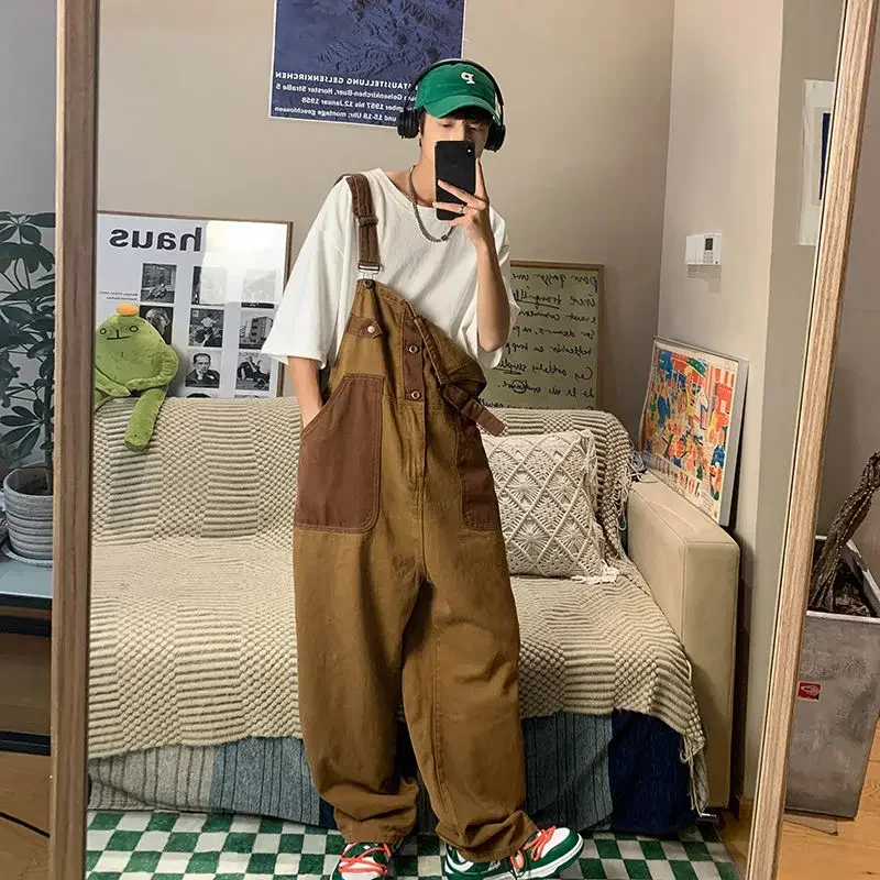 Fashion Japanese Brown Casual Daily Denim Overalls Men's Summer Oversize Pants High Street Trousers Male Clothes