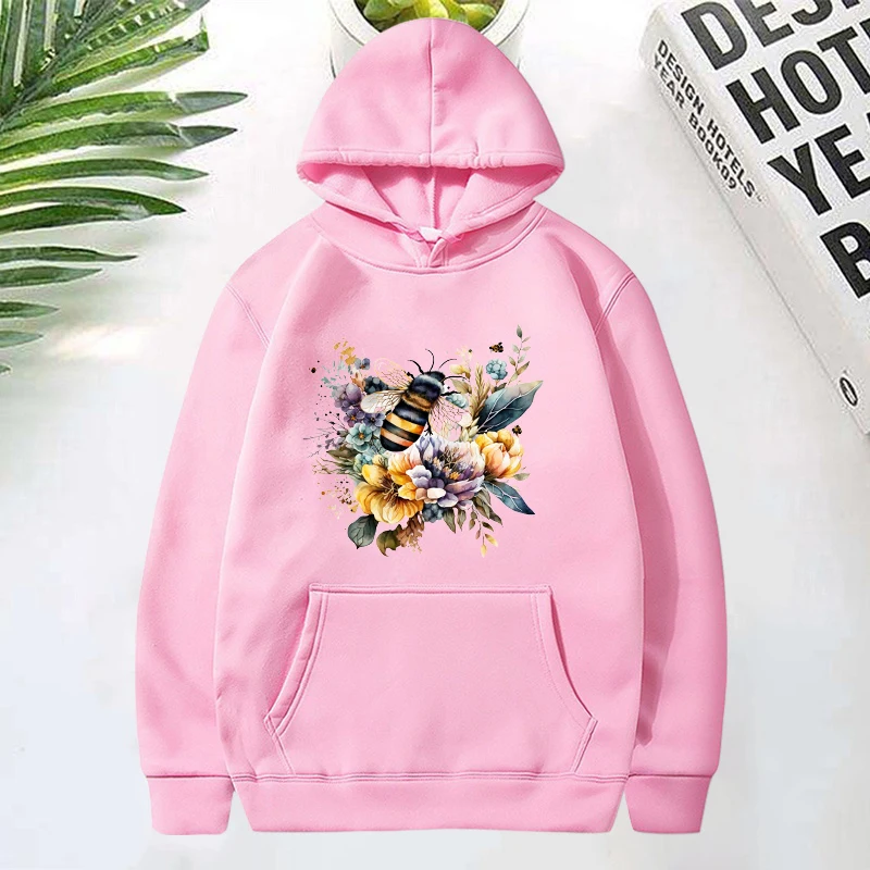 

New Fashion Women Men Casual Tops Funny Flower Bee Printed Long Sleeve Solid Color Loose Tops Hoodies Coat