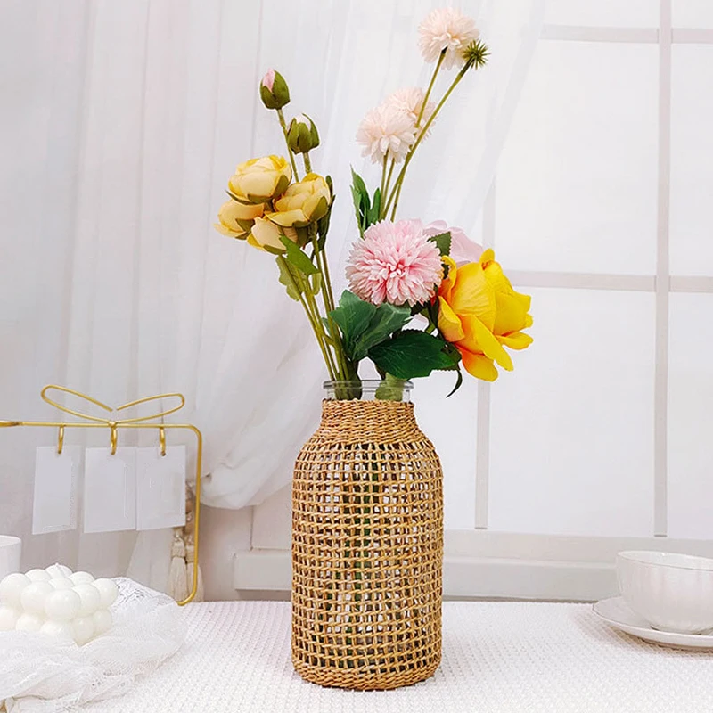 Straw Hand Woven Glass Dry Vase Desktop Ornament Japanese Rattan Rope Weaving Flower Bouquets Pot Hydroponic Plant Home Decor