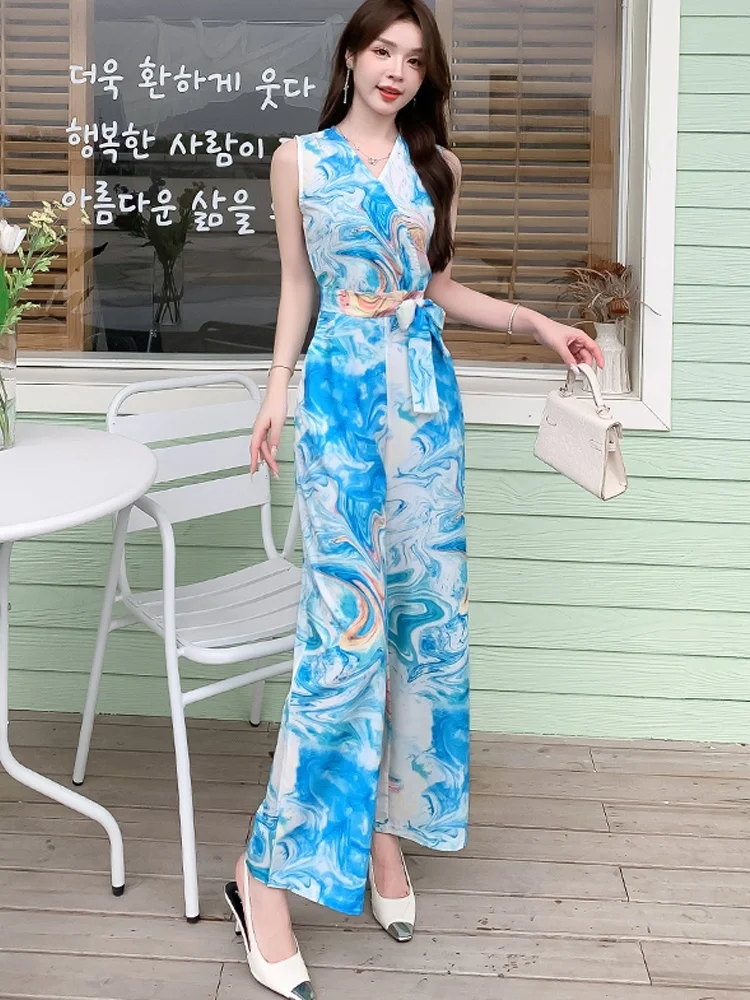 

Fashionable Slimming High Waist Wide Leg Jumpsuit Women's Summer Print Sleeveless Long Pants Belted Versatile Cotton Blend Fa...