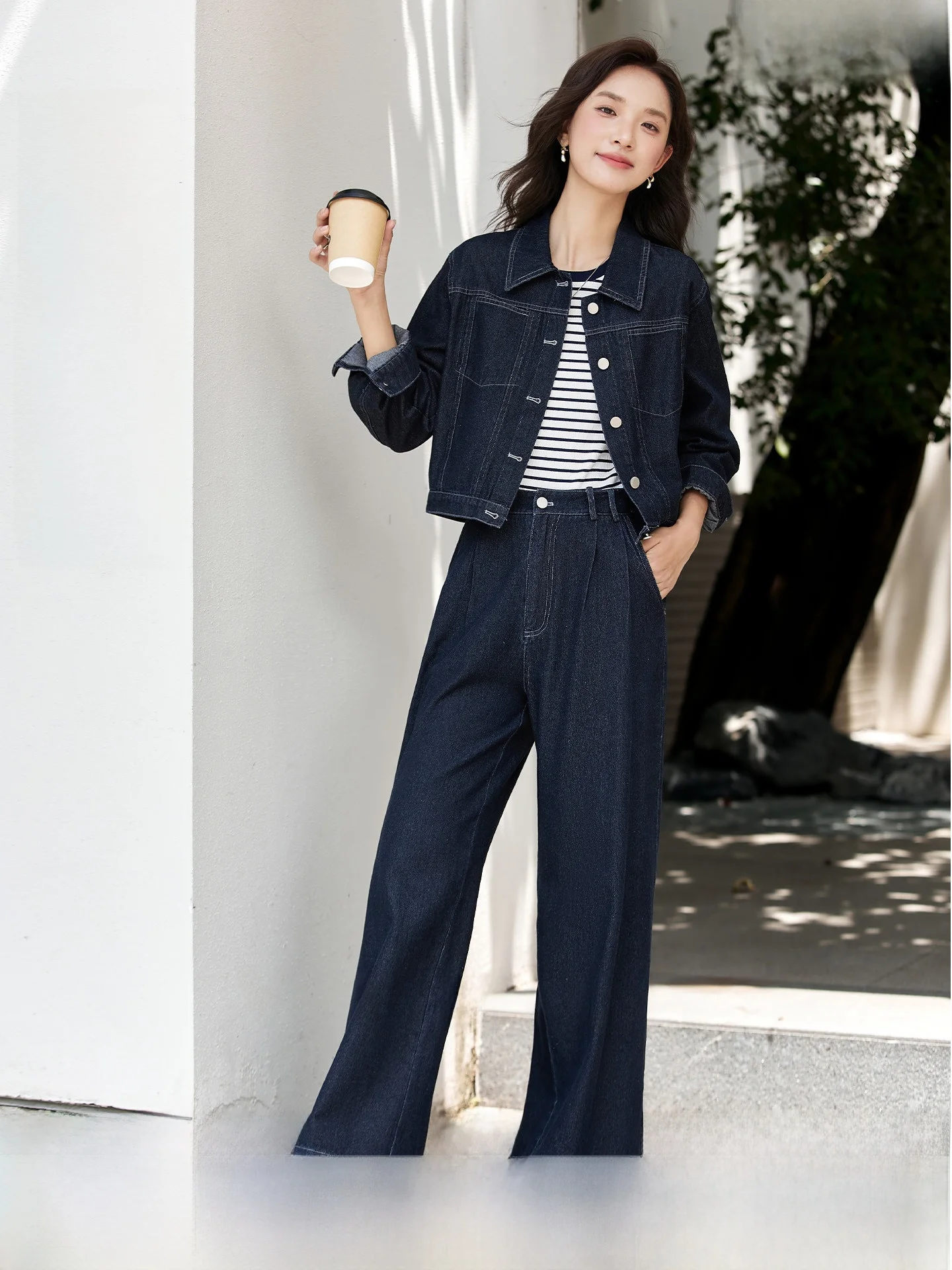 

Retro Deep Denim Blue Women's Set Spring 2026 New Zipper Wide Leg Pants Two-Piece Set Casual Style Cotton Long Sleeve Shirt