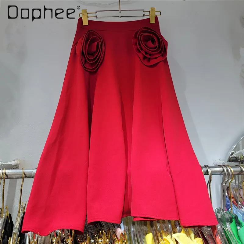 

Red Roses Three-Dimensional Floral Long Ruffle Skirts High Waist A-line Slim Elegant Big Swing Skirt French Style Spring Summer