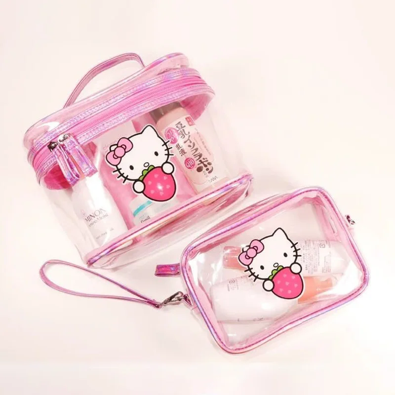 Kawaii Sanrio Hello Kitty borsa per il trucco PVC trasparente Cute Strawberry Bow Cartoon Print Portable Large Capacity Washbag Girl Gift