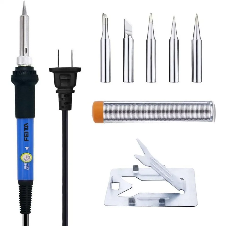 

Soldering Iron Kit for Electronics - 60W Adjustable Temperature with 5 Tips, Stand, and Solder Wire for Circuit Board Repair