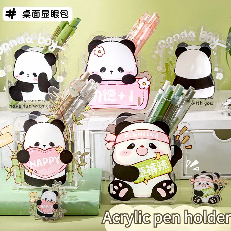 Portalápices de acrílico transparente de Panda Kawaii, caja de almacenamiento de papelería linda, organizador de escritorio de dibujos animados, gran capacidad