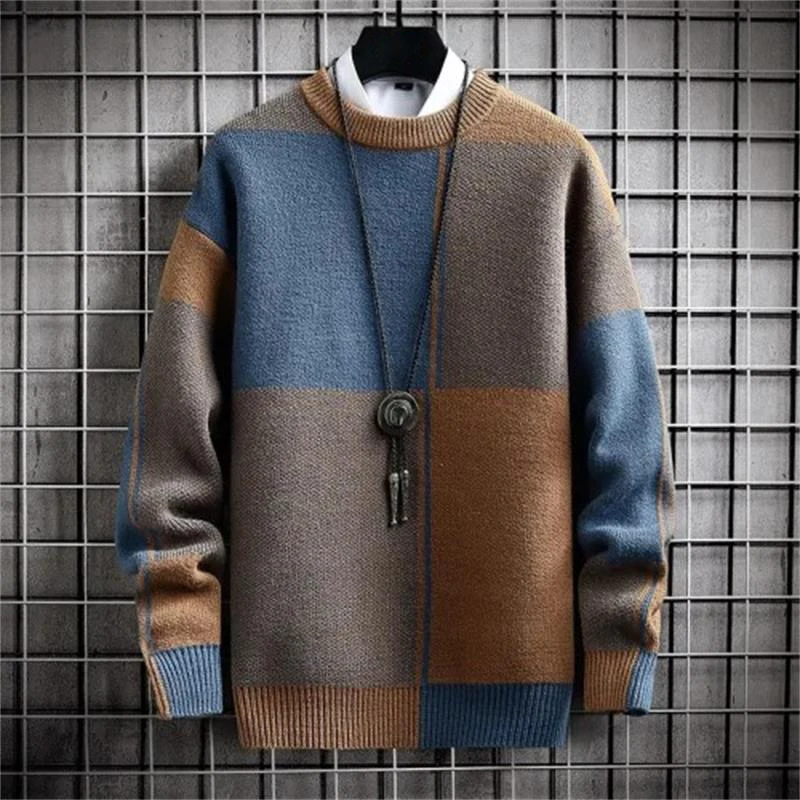 Half High Collar Color Blocking Warm Sweater High Quality Men Spring Autumn Slim Leisure Korean Long Sleeve Loose Knit Pullover