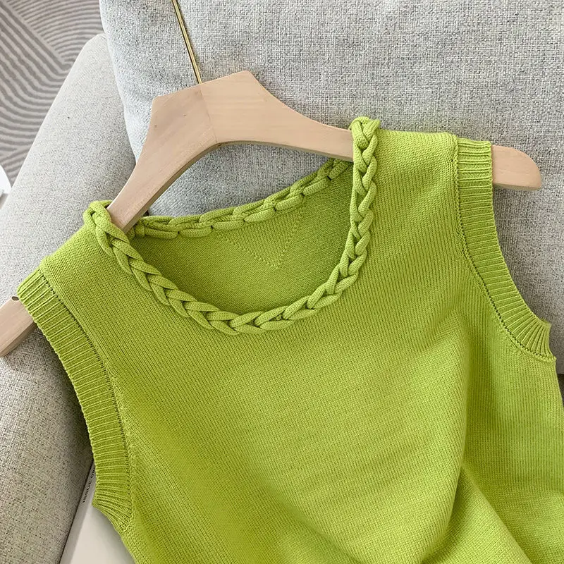 Green Tank Top Slim Fit Round Neck Sleeveless Vest Knitted Vest Women Clothing Y2k Tops Y2k Accessories