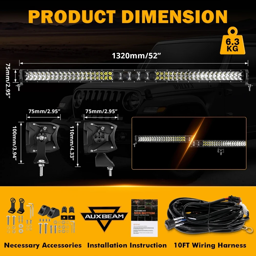 AUXBEAM 5D-PRO SERIES 52 inch LED Work Light Bar with Wire Harness & Bracket 450W 55000lm OFF ROAD LED LIGHT BAR 6500K White