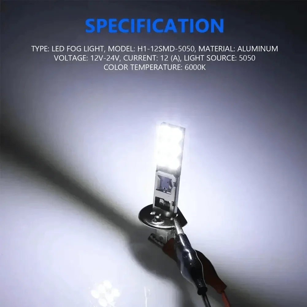Four White H1 5050 LED Headlight Bulbs for High And Low Beam, 6000K Fog Lights, 100W, Without Battery