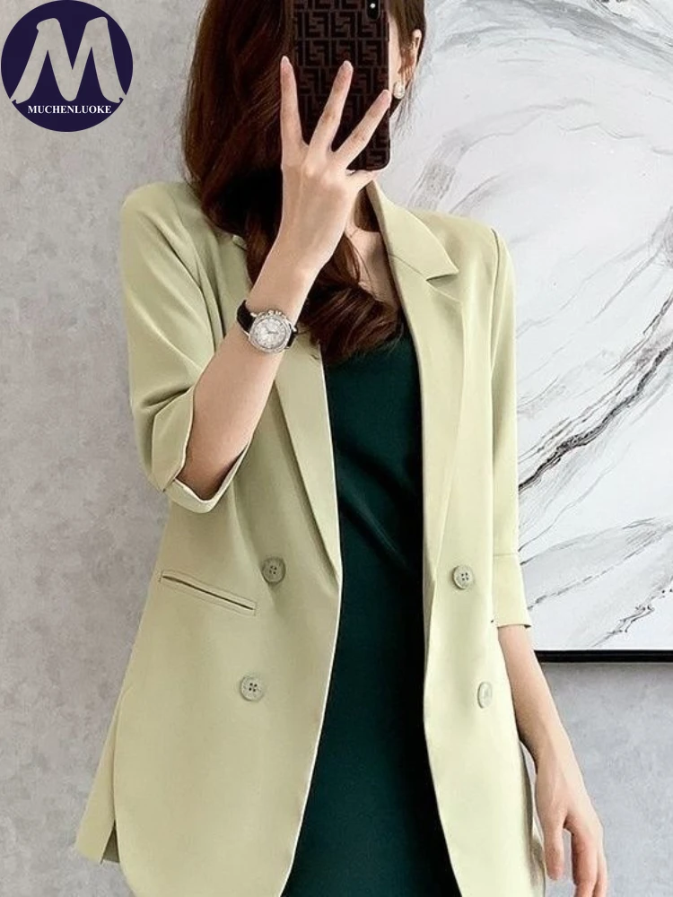 Blazers for Woman Summer Autumn Elegant Half Sleeve Double-breasted Office Blazers Coats Fashionable Casual Loose Women's Coat