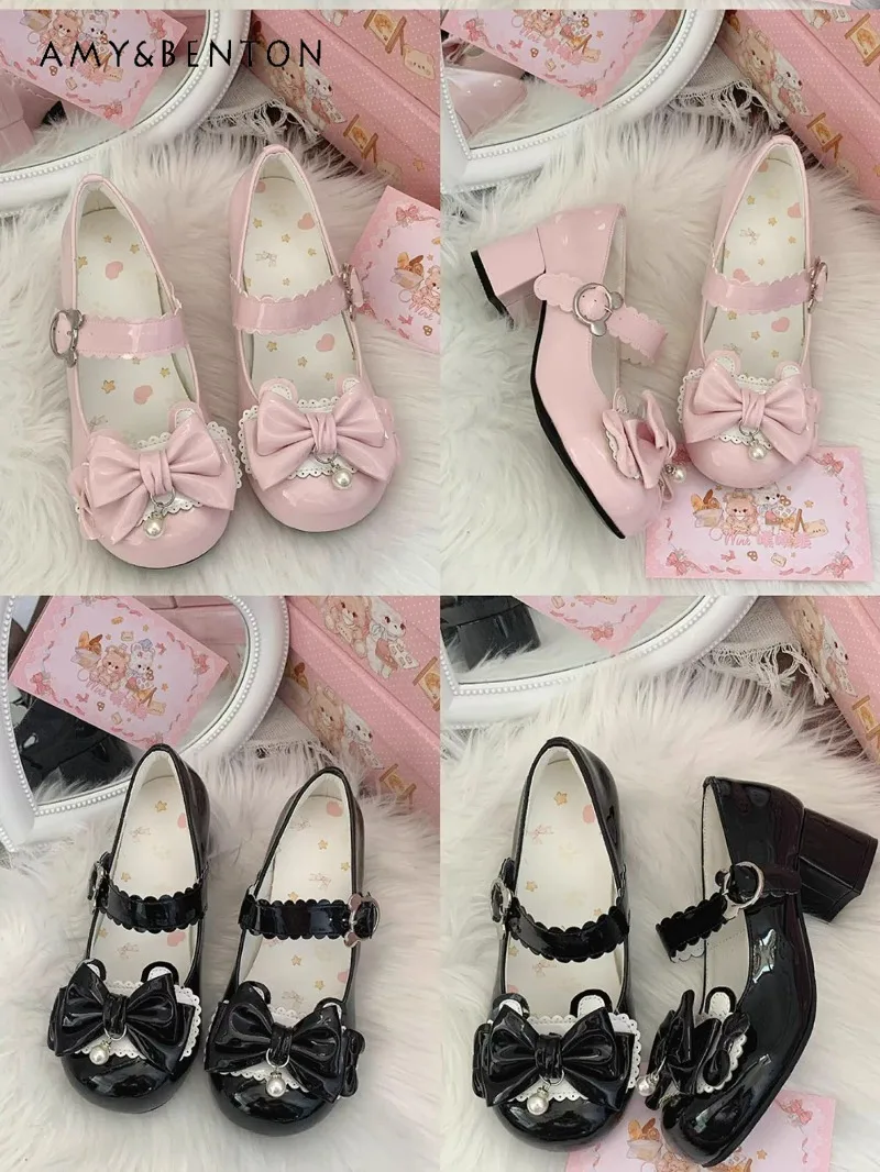 

Original Lolita Shoes Mid-Heel Round Toe Patchwork Bow Mary Jane Shoes Japanese Sweetheart Girl Kawaii Daily Versatile PU Shoes