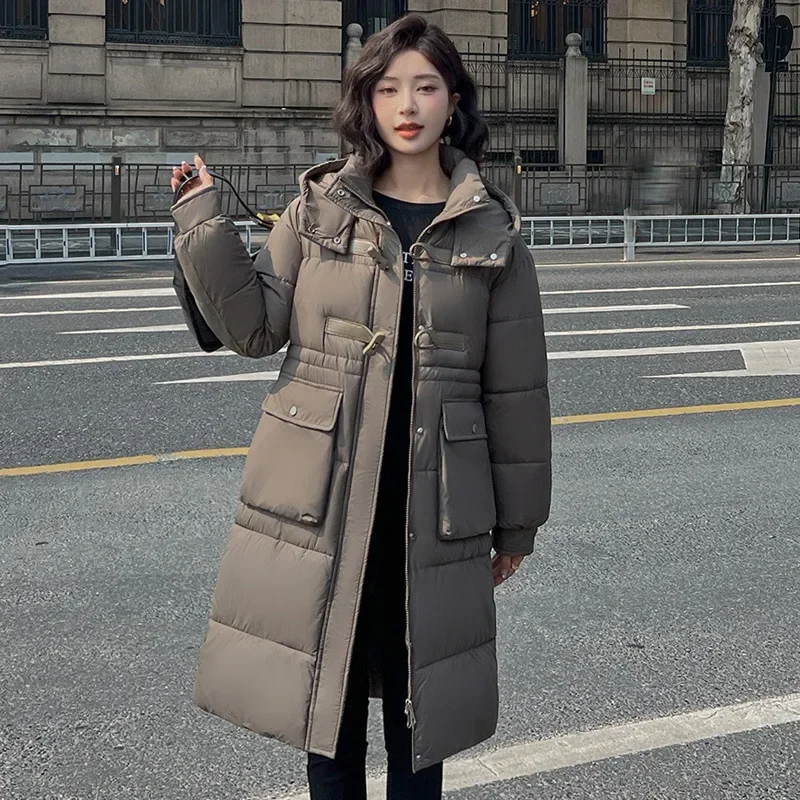 

Winter Parka Woman Long Jacket Hooded Detachable Thicken Loose Zipper Pockets Warm Snow Wear 2024 New Woman Padded Coat