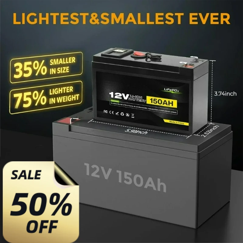 

For Lithium LiFePO4 Deep Cycle Battery, 4000+ Cycles Rechargeable Battery, Lithium Iron Phosphate for Solar/Wind Power 12V 150Ah
