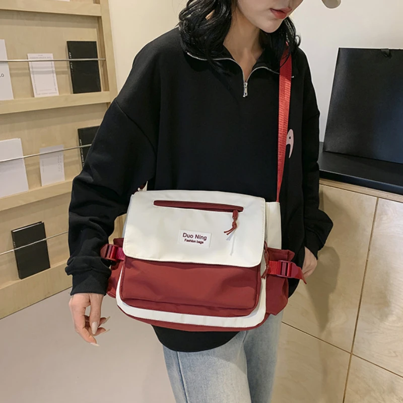 Small Fresh Canvas Color blocked New Postman Bag Large Capacity Campus Student Trendy Work Commuter Crossbody Bag