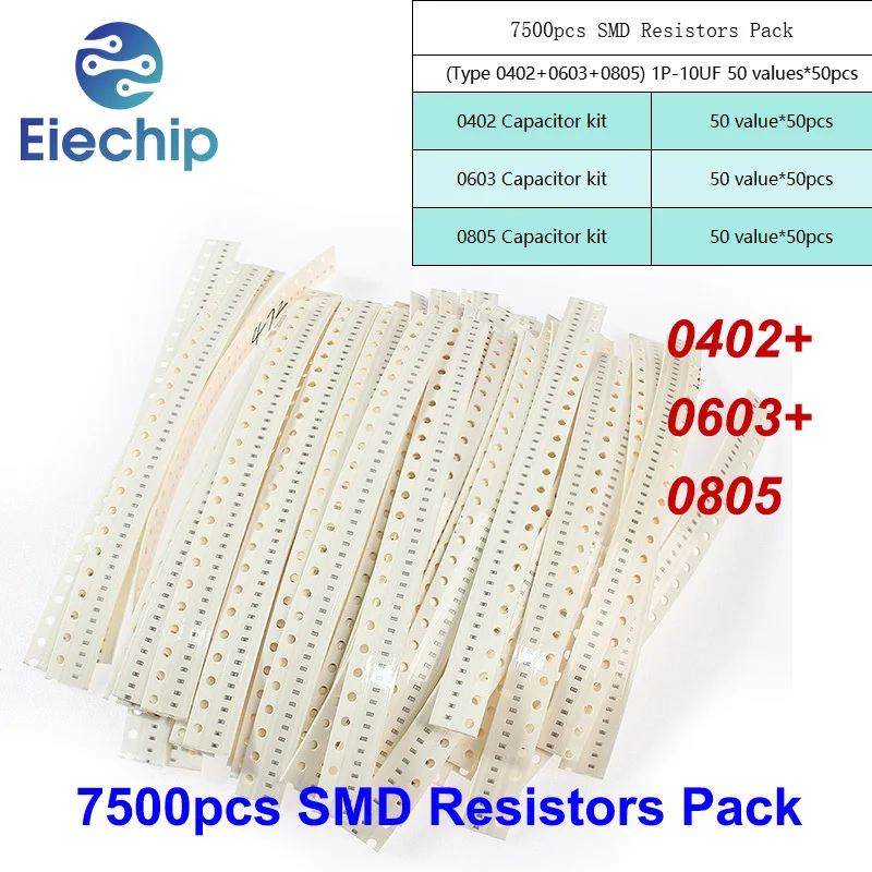 

7500pcs SMD Capacitor 0402 0603 0805 Ceramic Capacitor Multilayer assorted kit,1P-10UF 50 values capacitance set 10NF 22NF 1UF