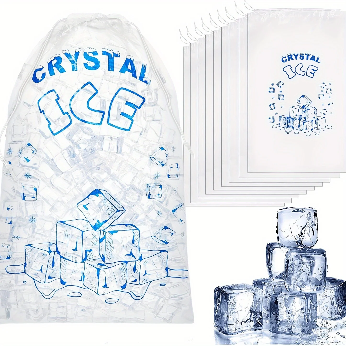 20pcs Plastic Ice Bags 8 Lb 17.7 X 11 Inch With A Drawstring Closure, Crystal Clear Plastic Ice Bag With Nylon Drawstring