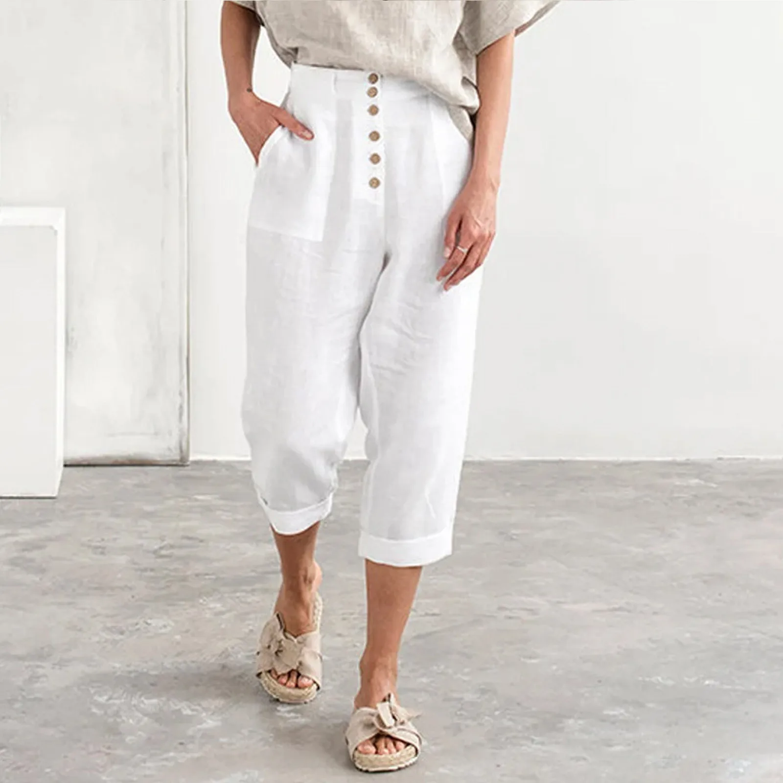 Vintage Summer Cotton Linen Pants Womens Tapered Front Button Up Waist Trousers With Pockets Work Trousers Oversized Pantalon