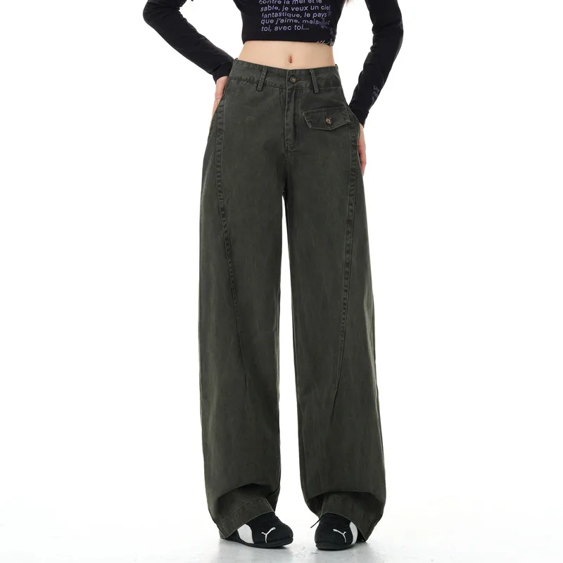 Women‘’s Casual Loose Vintage Straight Baggy Jeans Y2K Cool Girl Autumn Winter High Waist Green Washed Female Daily Denim Pants