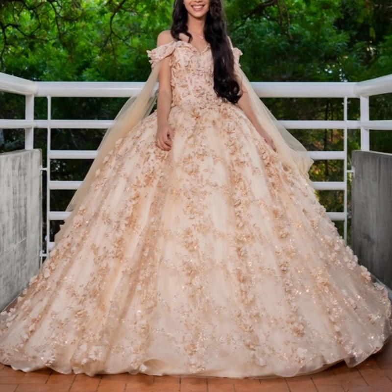 

Champagne Shiny Ball Gown Quinceanera Dresses 2026 Applique Flower Beading Crystal Corset Tull Off Shoulder Sweet 16 Dress