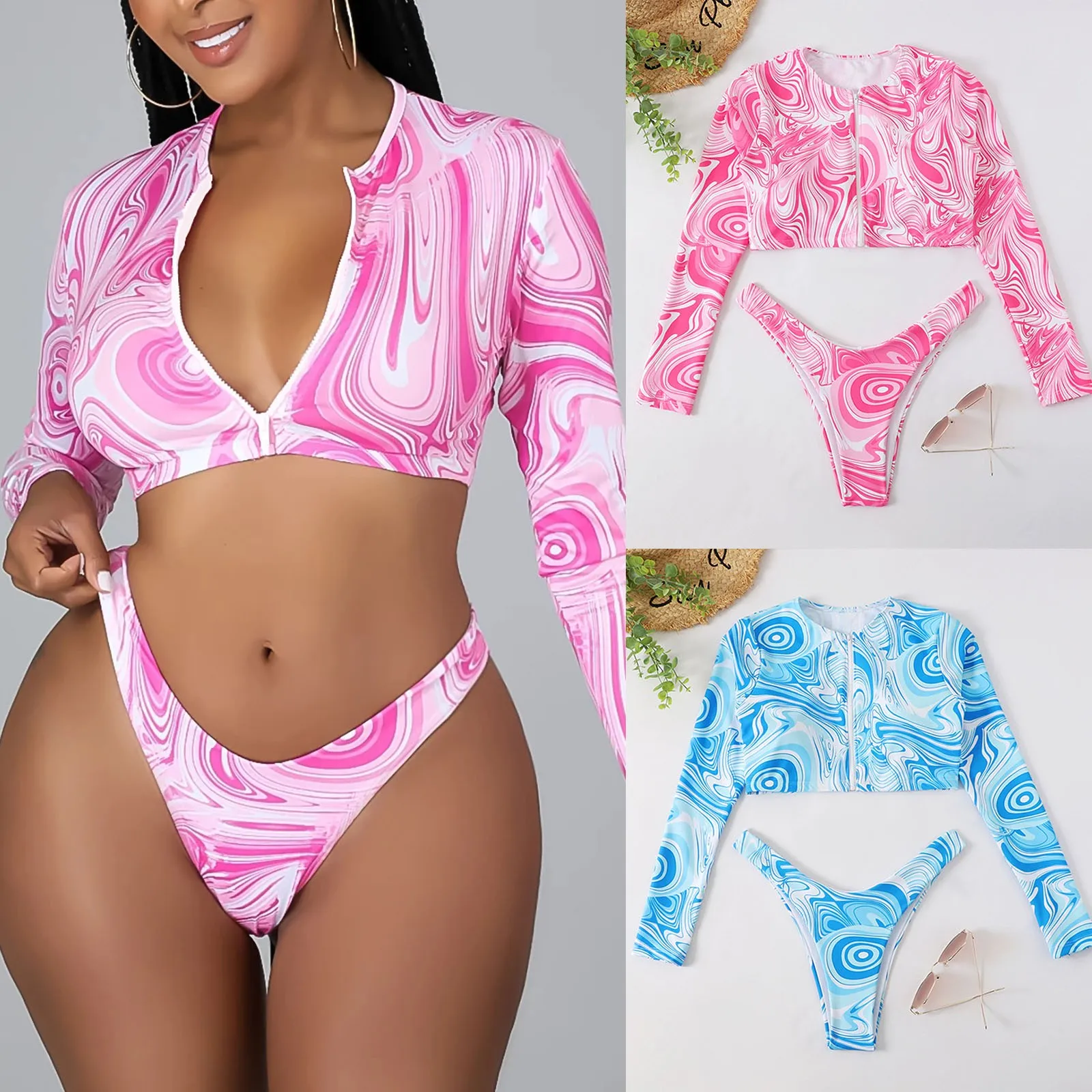 Sleeve Waist Long Split Bikini Temperament Zipper Beach Swimsuit Women\'S High Sexy Push Up Set Summer Beach Wear Swimming Hawaii