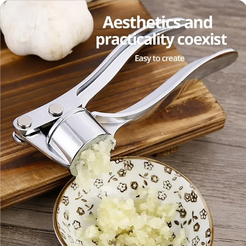 1pc Silvery Stainless Steel Garlic Masher  Vegetable Cooking Extruder Manual Ginger Grinder And Tool  Accessories