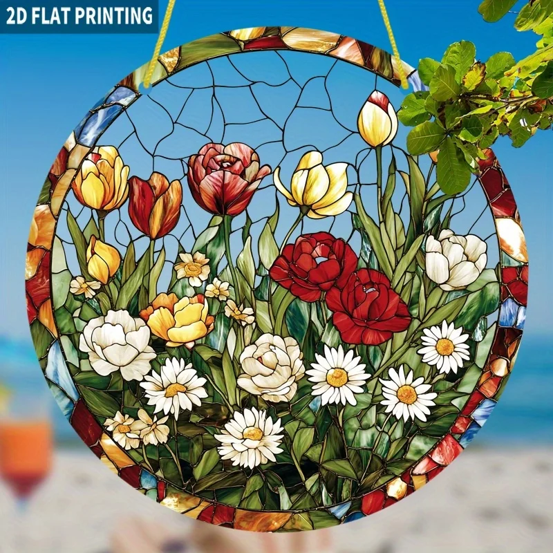 2D Flach, 2D Flach 1 Stück Lebendiger Blumen-Sonnenfänger 19,99x19,99 cm Rundes Acrylschild Farbiger Glas-Stil Fensterdekoration Romantisch