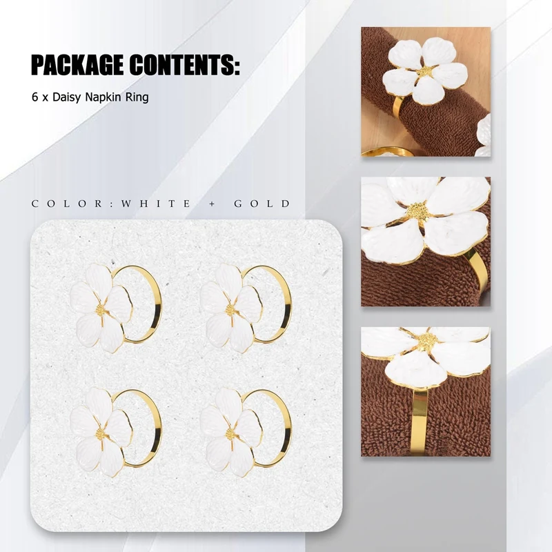 منديل الدائري حلقات منديل مجموعة من 6 حلقات منديل أصحاب الزهور البيضاء منديل أبازيم أنيقة أصحاب المناديل لطاولة العشاء