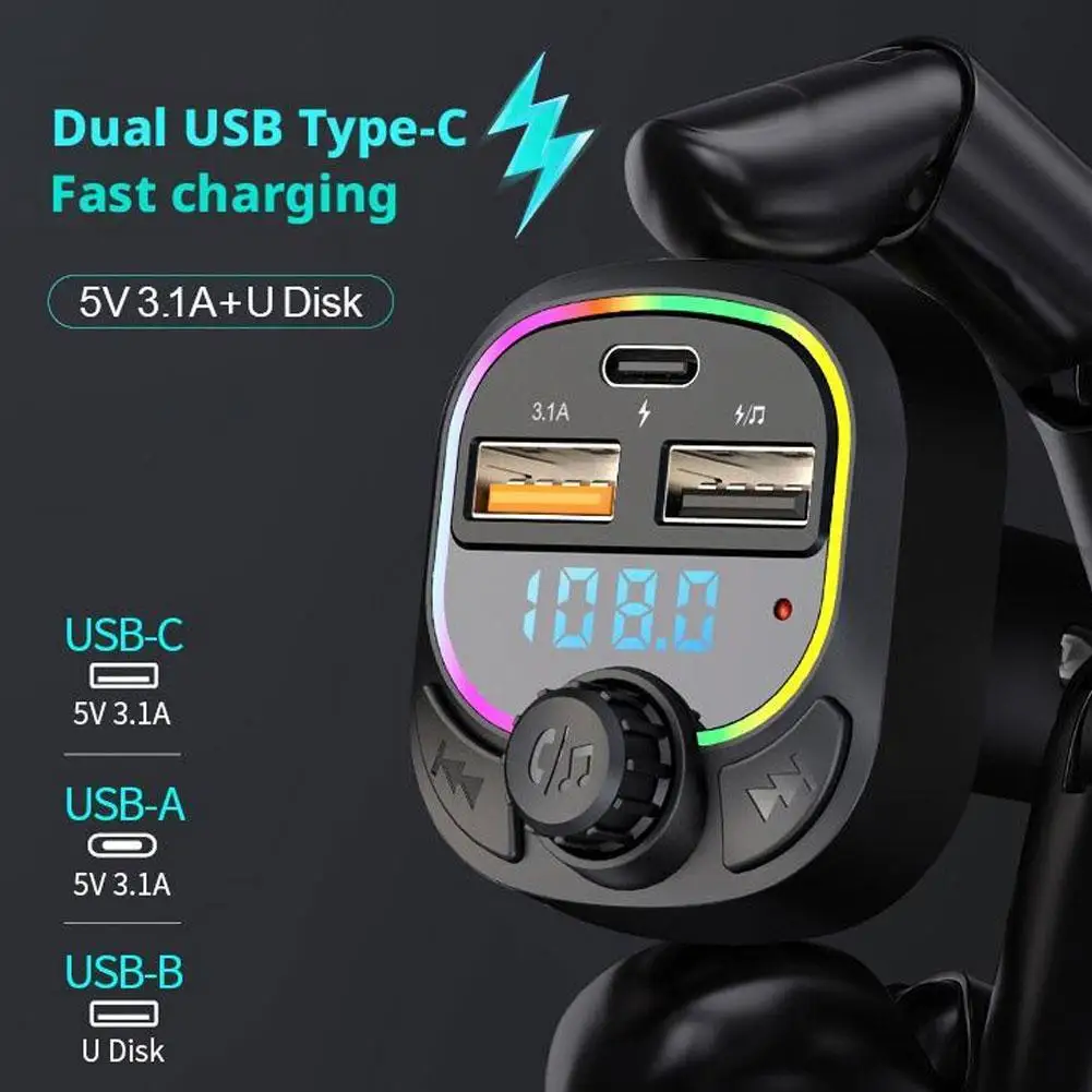 شاحن سيارة FM الارسال المزدوج USB المحيطة لاعب بلوتوث مشغل Mp3 محول شحن سريع اكسسوارات السيارات الداخلية #5