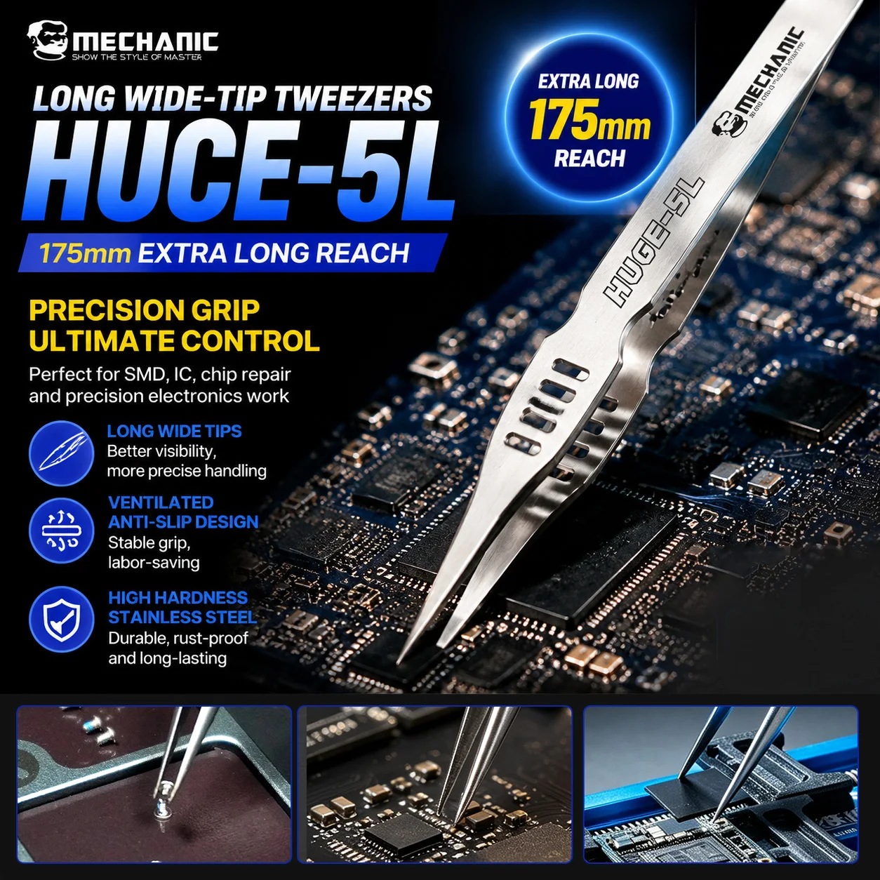 MECHANIC HUGE 5L Long Straight Tweezers Anti Rust Forceps for Cellphone Motherboard Chip Electronic Maintenance Tools