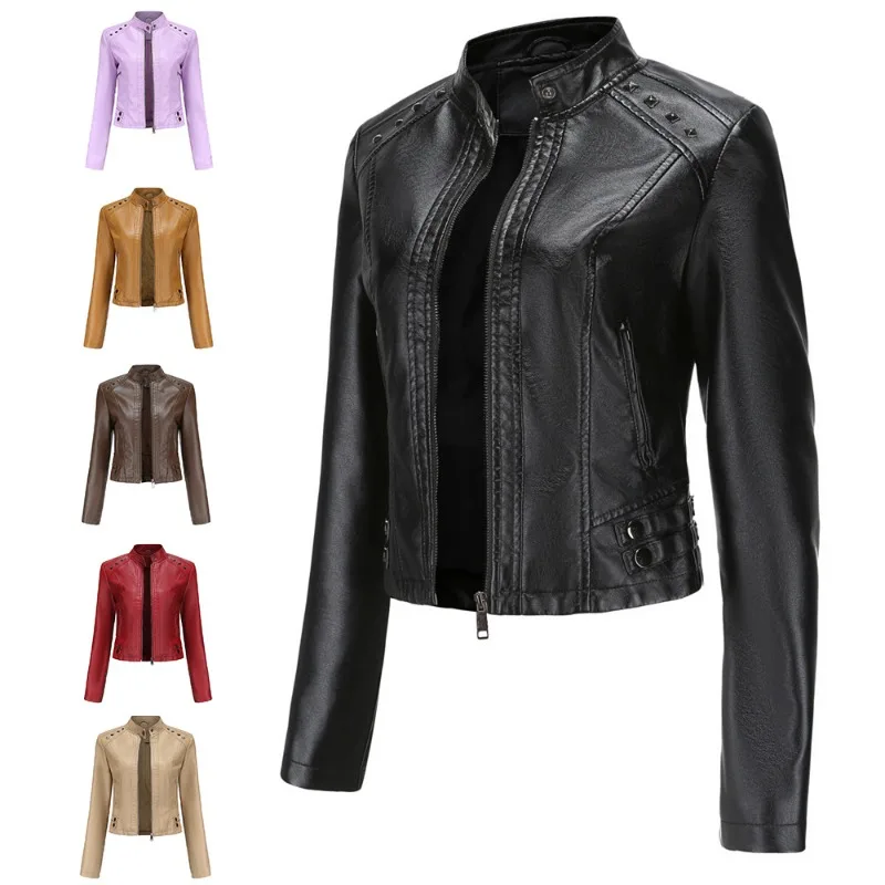 

New in Jackets Zipper Rivet Women's Coat 2025 Autumn Long Sleeves Stand Collar Fashion Coat Femme Red Black Brown Leather Jacket