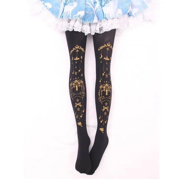 Cute Women\'s Spring Tights Gold Little Devil and Cross Stamped Pantyhose 3 Colors