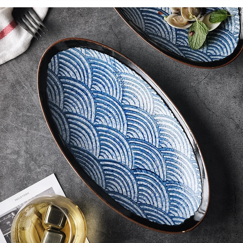 Japanese Art Pottery Blue Sea Ripple Steamed Fish Plate Kitchen Oval Trumpet Fruit Salad Dinner Hotel Restaurant Tableware